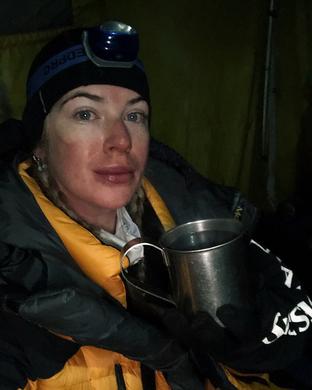 Claire Mackay In-tent selfie at 3am whilst preparing to climb Mera Peak
