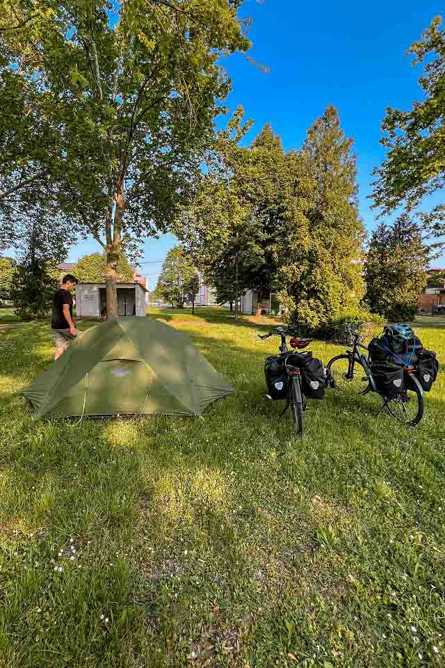 Mountain Designs Geo Tent set up with KTM Bikes parked Mountain Designs Geo Tent set up with KTM Bikes parked