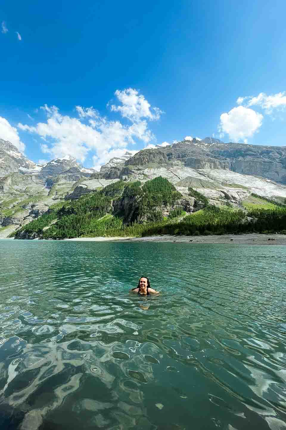 Kaitlan taking a dip in Lake Oeschinen Kaitlan taking a dip in Lake Oeschinen